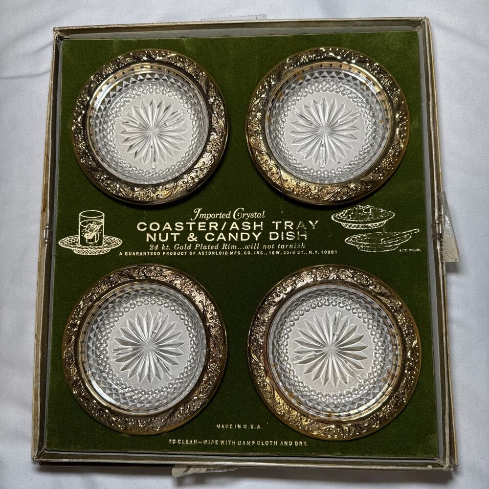VTG Astorloid 24K Gold Plated Crystal Coasters Ashtrays Nut Dishes 4.5" Set of 4